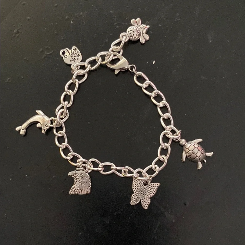 Silver Charm Bracelet with Animal Pendants Hand Crafted
